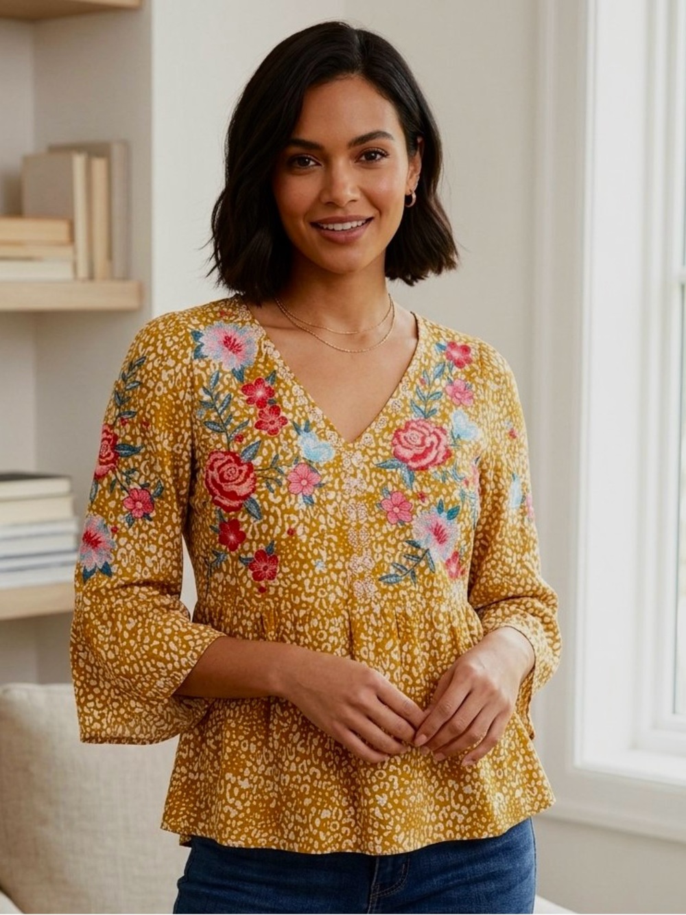 Savanna Jane Mustard Floral Embroidered V-Neck Blouse